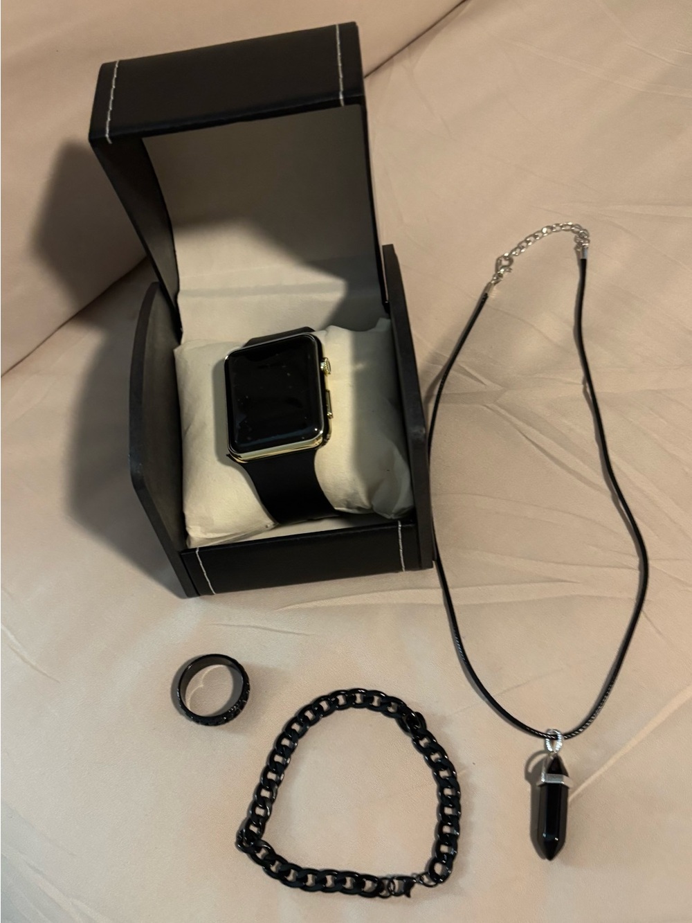 Black Silver Men’s Watch,Chain Bracelet, Ring Necklace All Black No Markings New
